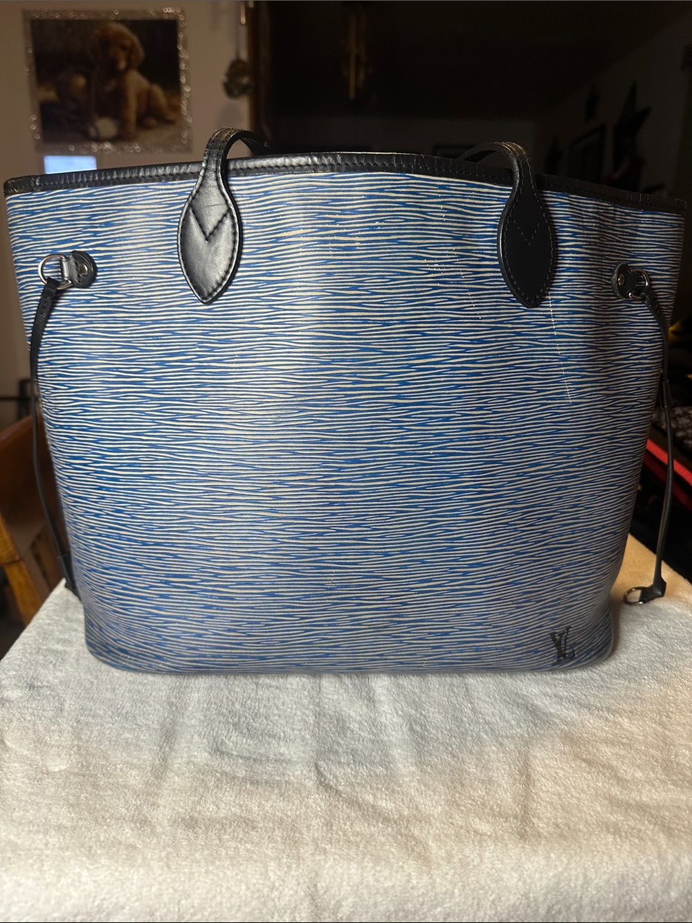 Louis Vuitton Blue Striated Epi Neverfull MM Leather Tote with Black Trim